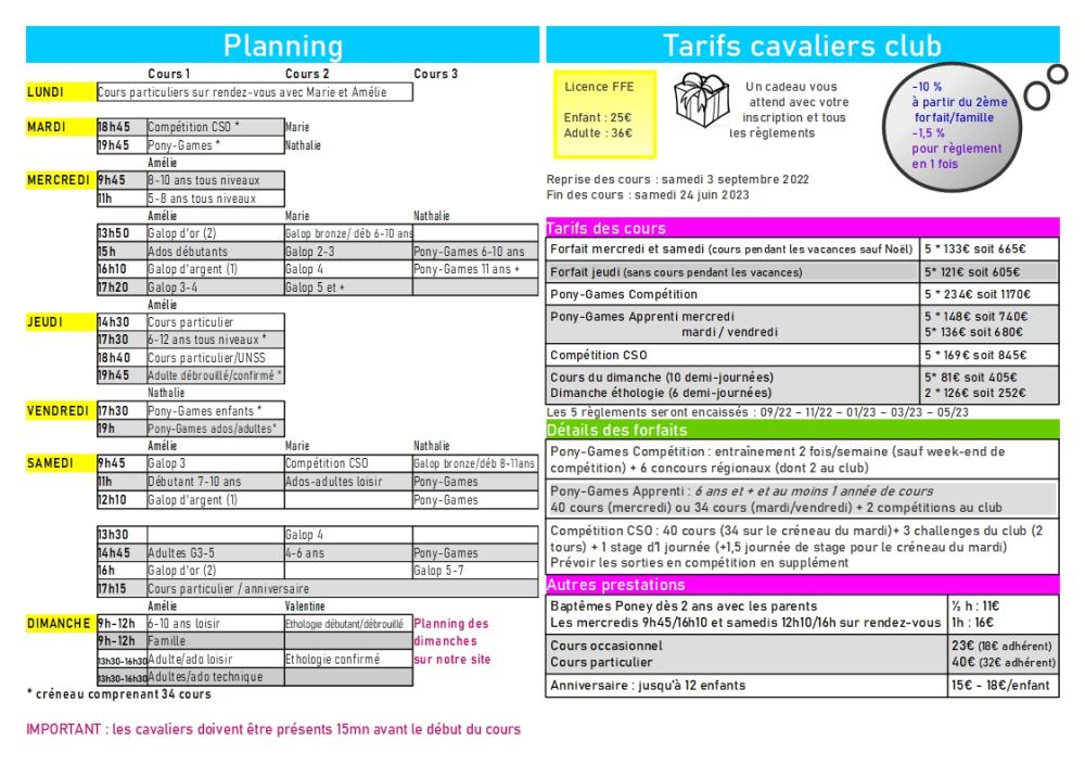 planning et tarifs