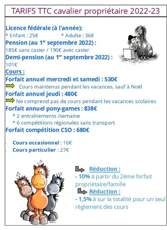 tarifs cavaliers propriétaires